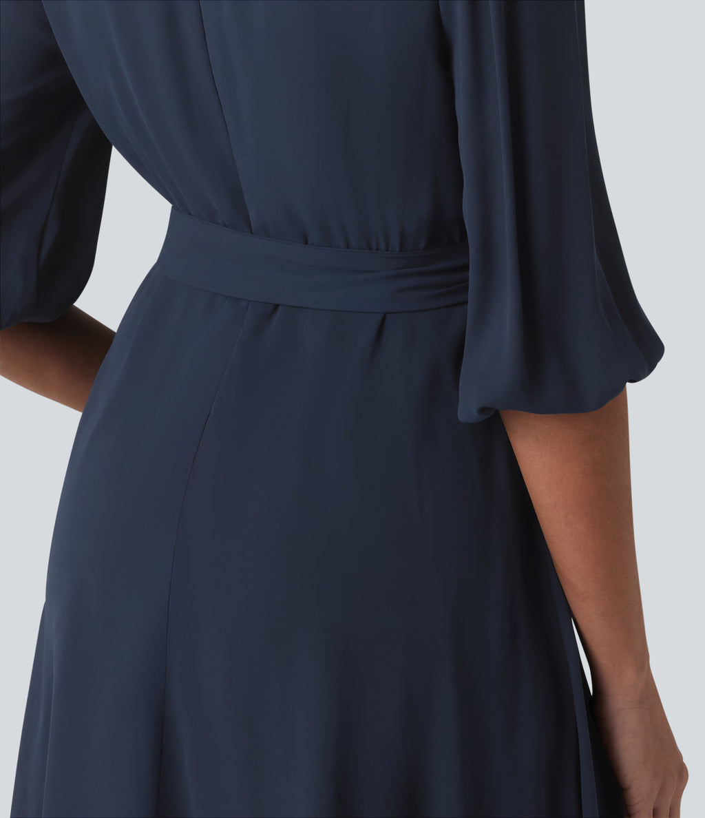 V Neck 3/4 Puff Sleeve Belted Mini Casual Dress — Spellbound — view 4