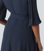 V Neck 3/4 Puff Sleeve Belted Mini Casual Dress — Spellbound — view 4