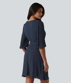 V Neck 3/4 Puff Sleeve Belted Mini Casual Dress — Spellbound — view 2