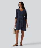 V Neck 3/4 Puff Sleeve Belted Mini Casual Dress — Spellbound — view 6