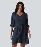 V Neck 3/4 Puff Sleeve Belted Mini Casual Dress — Spellbound — view 1
