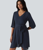V Neck 3/4 Puff Sleeve Belted Mini Casual Dress — Spellbound — view 5