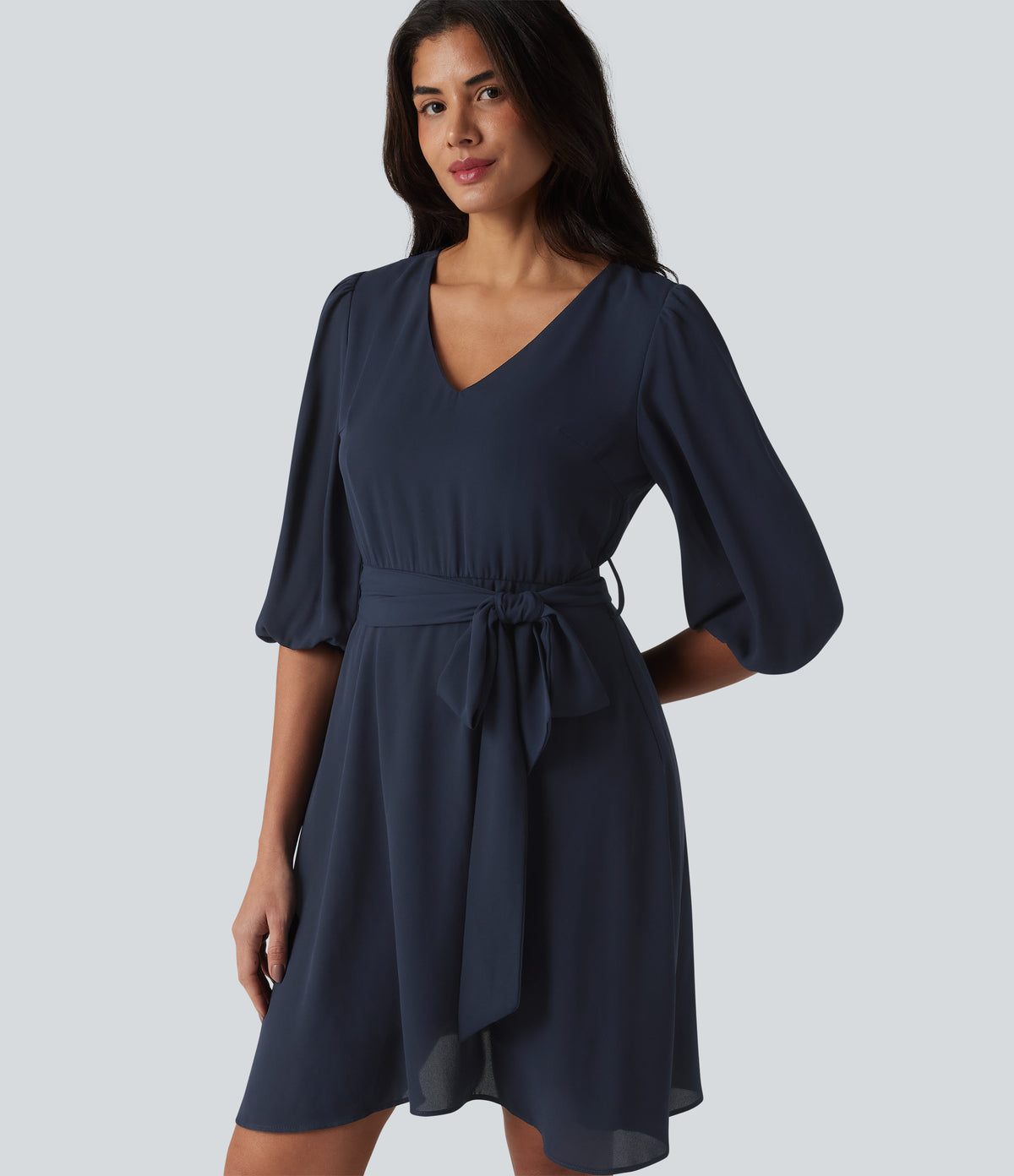 V Neck 3/4 Puff Sleeve Belted Mini Casual Dress — Spellbound — view 5
