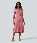 Short Sleeve Belted Midi Casual Linen-Feel Shirt Dress with Pockets — Mauveglow — view 1
