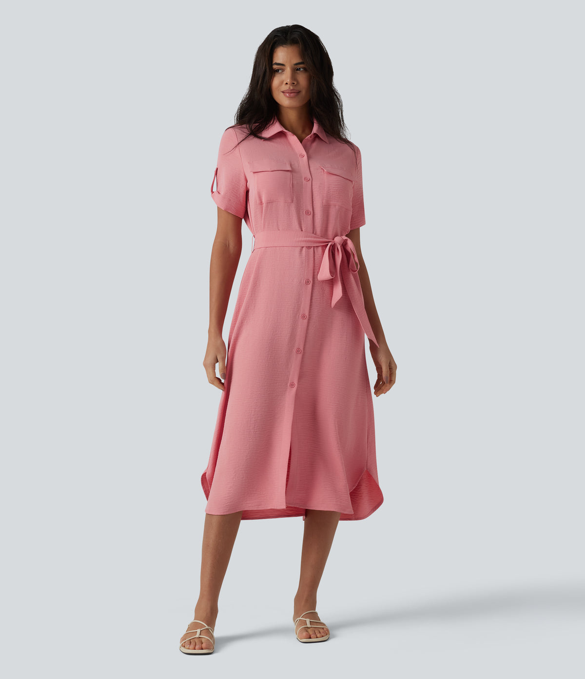 Short Sleeve Belted Midi Casual Linen-Feel Shirt Dress with Pockets — Mauveglow — view 1