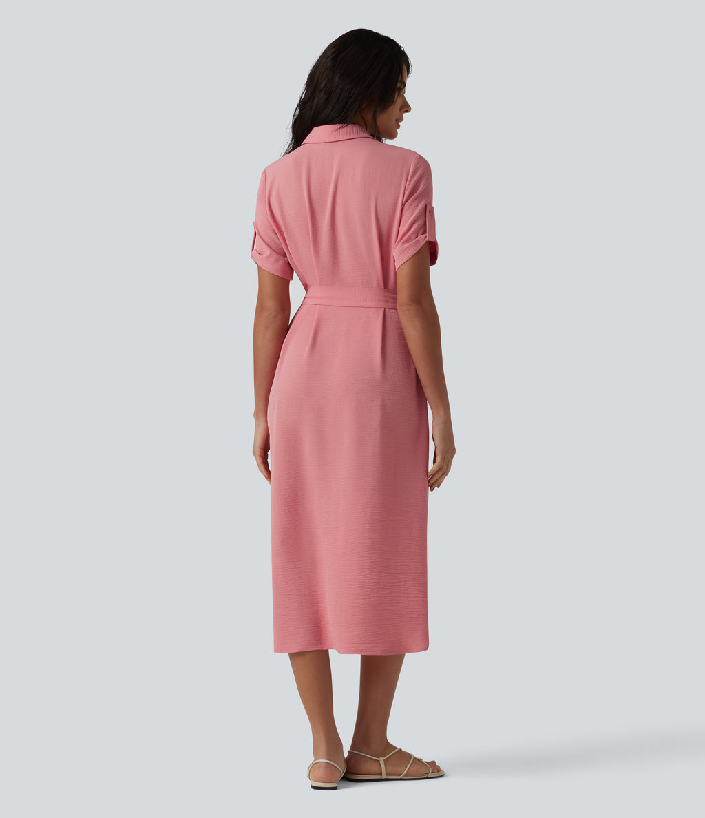 Short Sleeve Belted Midi Casual Linen-Feel Shirt Dress with Pockets — Mauveglow — view 2