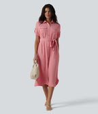 Short Sleeve Belted Midi Casual Linen-Feel Shirt Dress with Pockets — Mauveglow — view 6