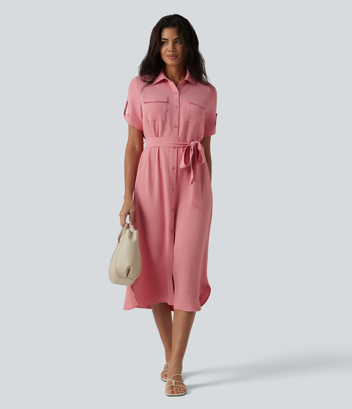 Short Sleeve Belted Midi Casual Linen-Feel Shirt Dress with Pockets — Mauveglow — view 6