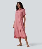 Short Sleeve Belted Midi Casual Linen-Feel Shirt Dress with Pockets — Mauveglow — view 5