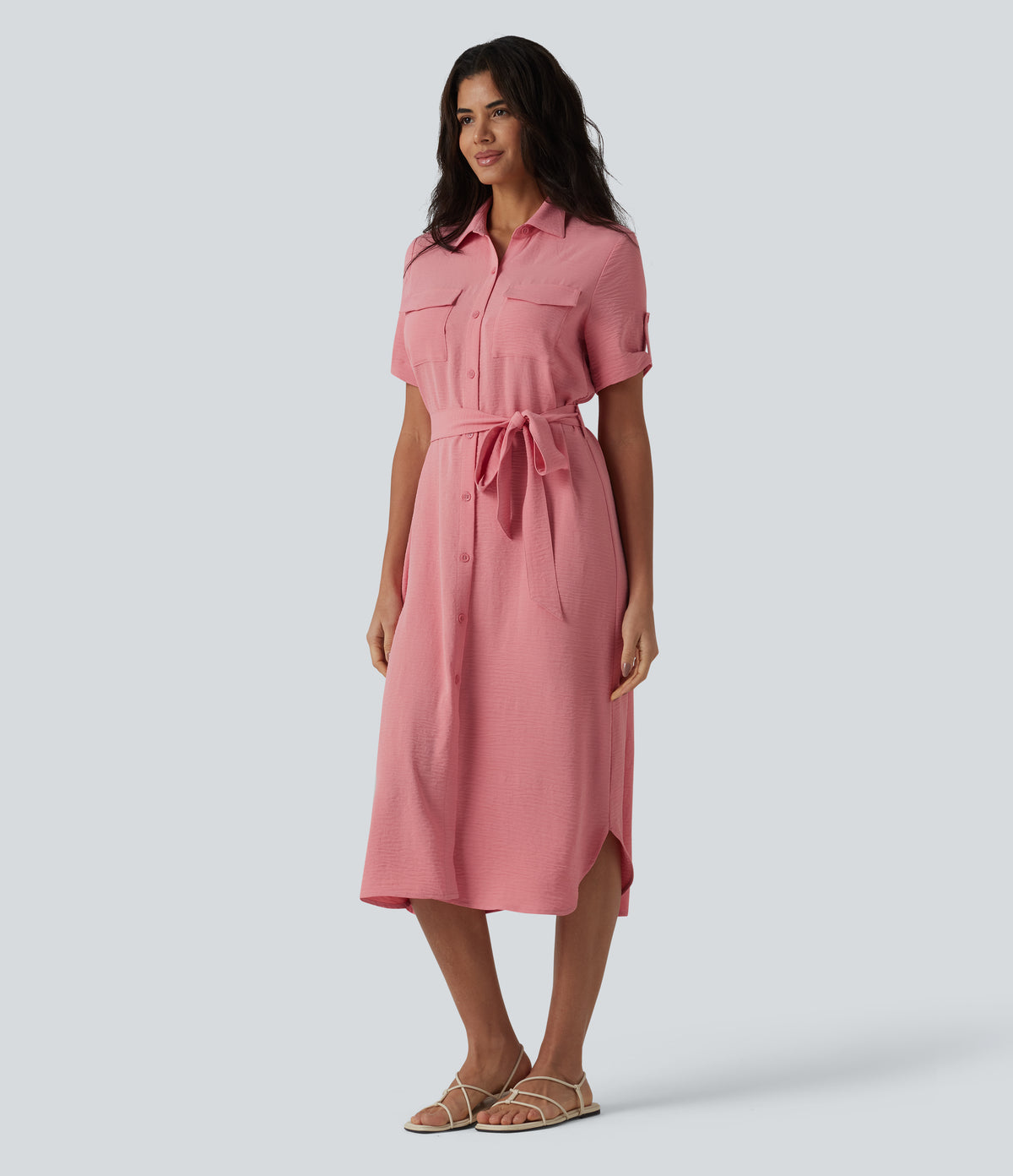 Short Sleeve Belted Midi Casual Linen-Feel Shirt Dress with Pockets — Mauveglow — view 3