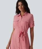 Short Sleeve Belted Midi Casual Linen-Feel Shirt Dress with Pockets — Mauveglow — view 4