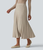 High Waisted Plisse A-Line Midi Casual Jumper Skirt — Almond Milk — view 3