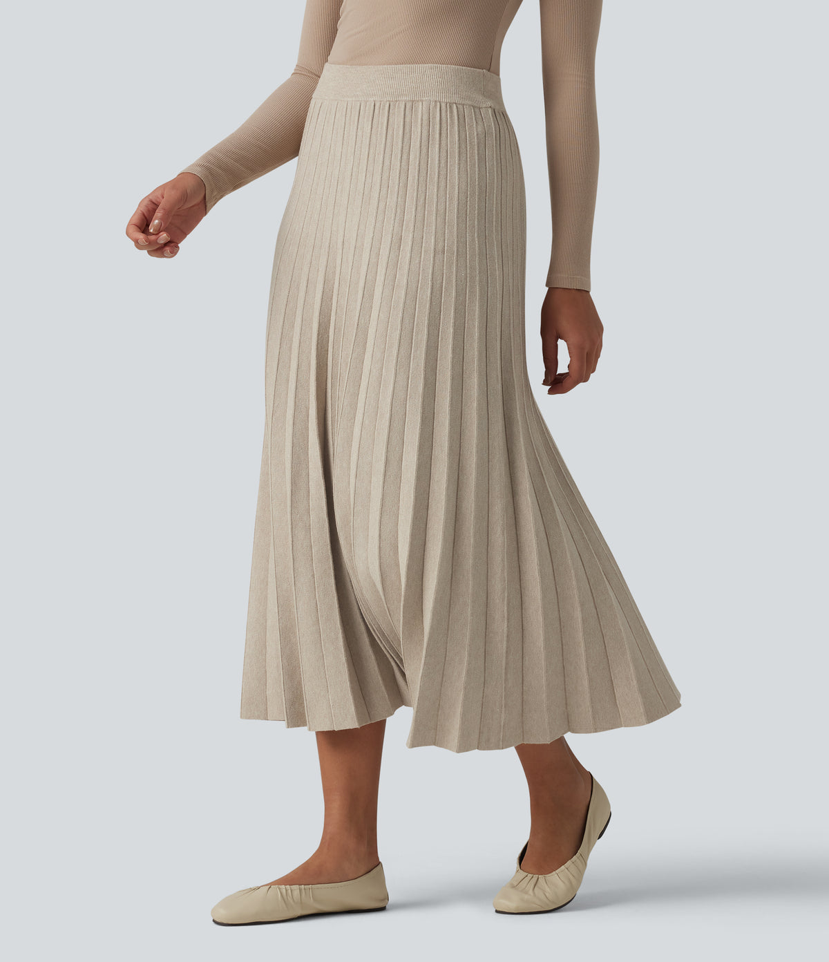 High Waisted Plisse A-Line Midi Casual Jumper Skirt — Almond Milk — view 3