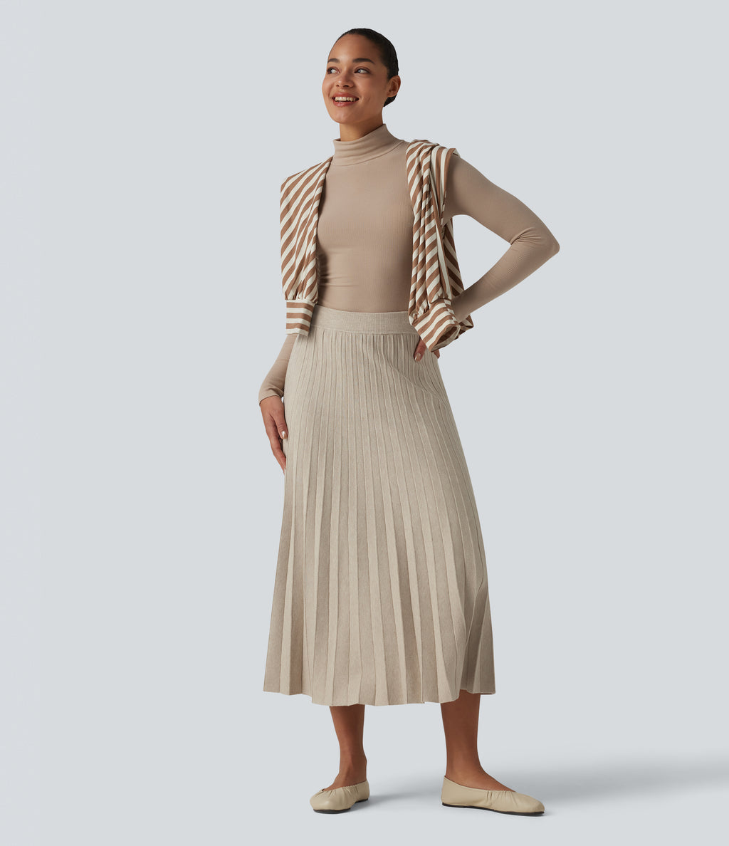 High Waisted Plisse A-Line Midi Casual Jumper Skirt — Almond Milk — view 5