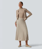 High Waisted Plisse A-Line Midi Casual Jumper Skirt — Almond Milk — view 5
