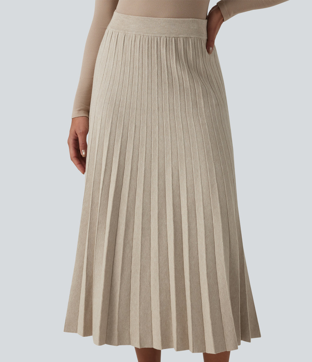 High Waisted Plisse A-Line Midi Casual Jumper Skirt — Almond Milk — view 4