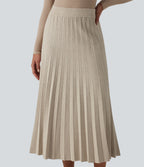High Waisted Plisse A-Line Midi Casual Jumper Skirt — Almond Milk — view 4