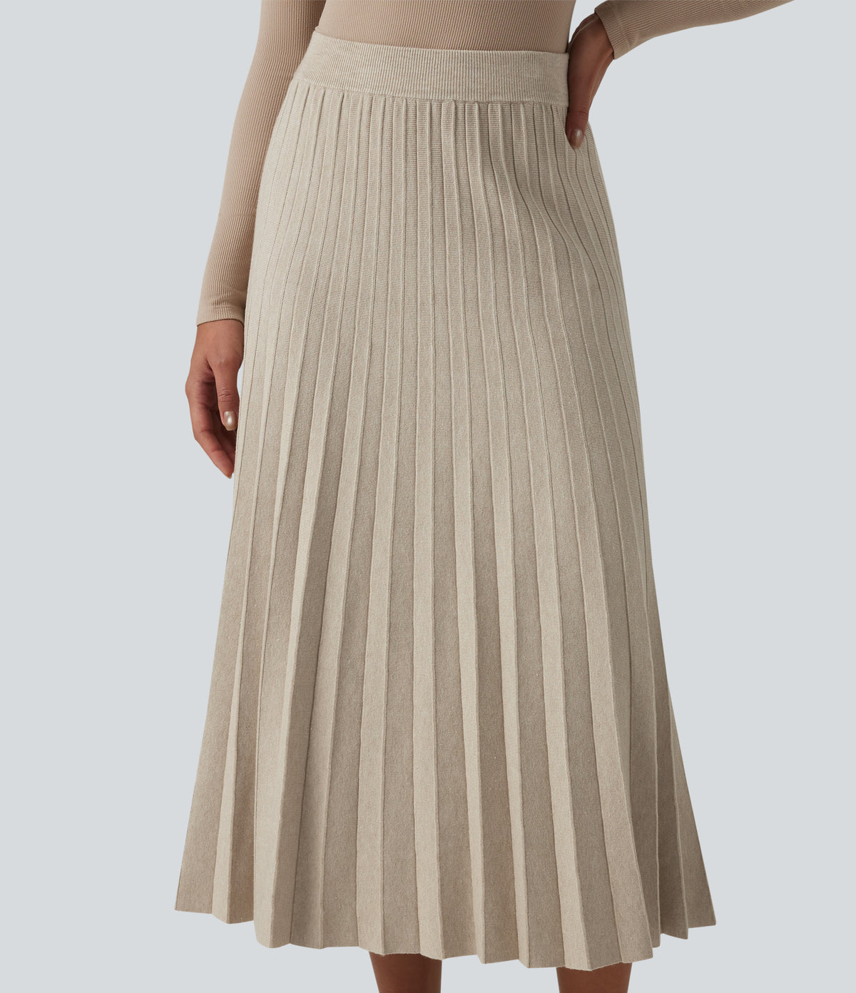 High Waisted Plisse A-Line Midi Casual Jumper Skirt — Almond Milk — view 4