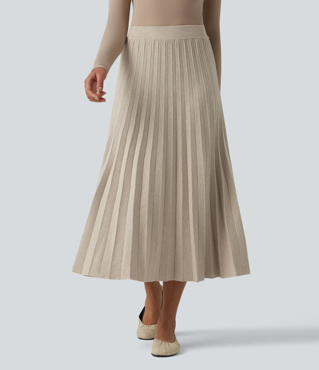 High Waisted Plisse A-Line Midi Casual Jumper Skirt — Almond Milk — view 1