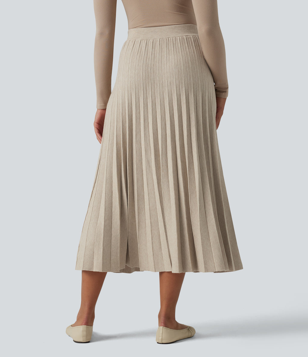 High Waisted Plisse A-Line Midi Casual Jumper Skirt — Almond Milk — view 2