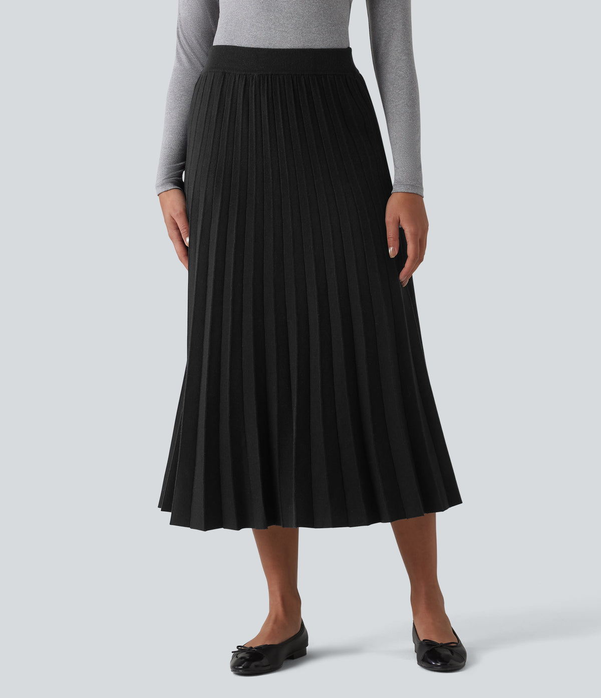 High Waisted Plisse A-Line Midi Casual Jumper Skirt — Black — view 6