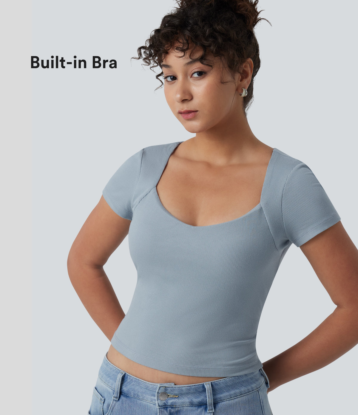 Ribbed Knit Queen Anne Neck Built-in Bra Short Sleeve Casual T-Shirt — Celestial Blue — view 1