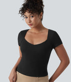 Ribbed Knit Queen Anne Neck Built-in Bra Short Sleeve Casual T-Shirt — Black — view 6