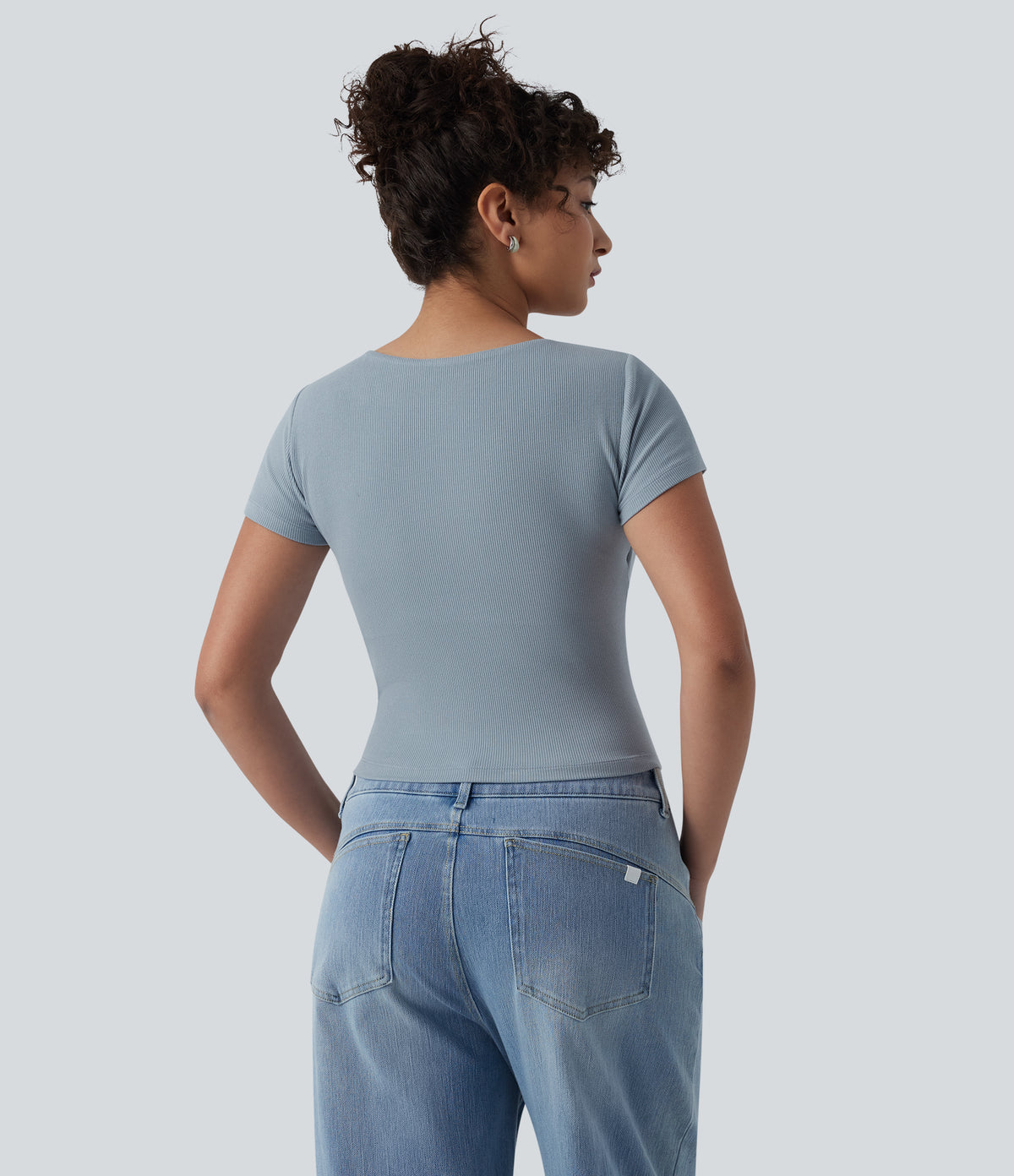 Ribbed Knit Queen Anne Neck Built-in Bra Short Sleeve Casual T-Shirt — Celestial Blue — view 2