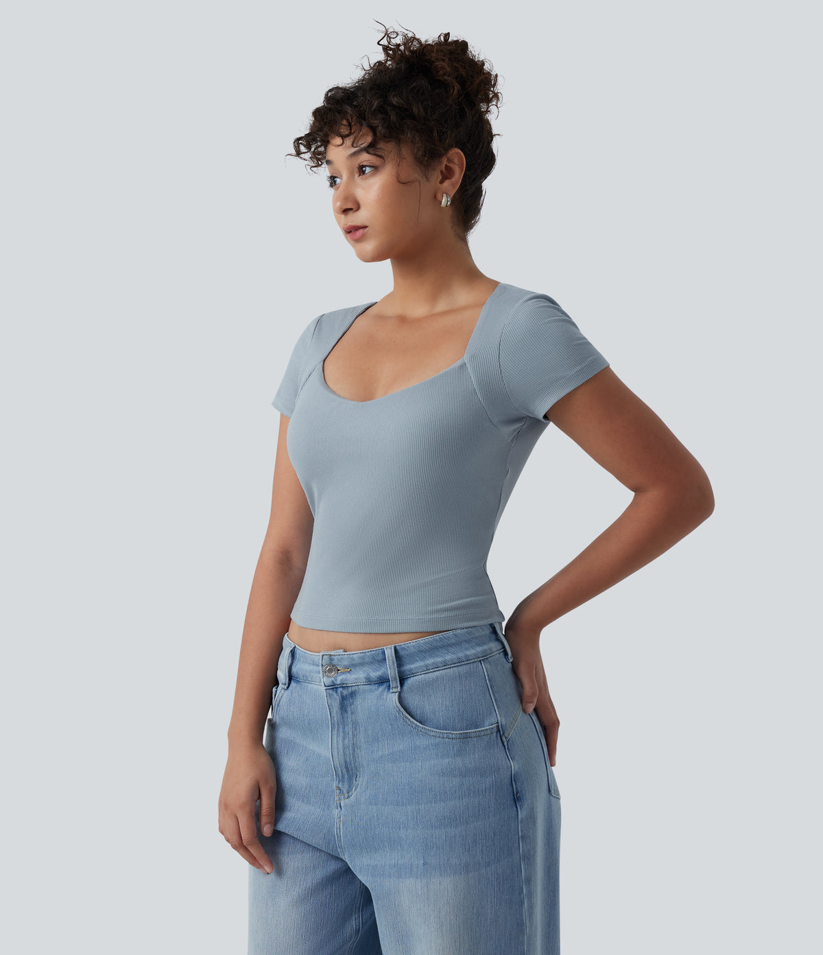 Ribbed Knit Queen Anne Neck Built-in Bra Short Sleeve Casual T-Shirt — Celestial Blue — view 3