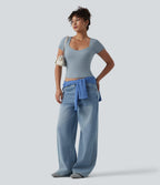 Ribbed Knit Queen Anne Neck Built-in Bra Short Sleeve Casual T-Shirt — Celestial Blue — view 5