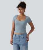 Ribbed Knit Queen Anne Neck Built-in Bra Short Sleeve Casual T-Shirt — Celestial Blue — view 4
