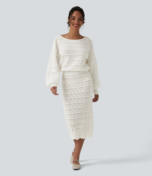 Boat Neck Long Sleeve Midi Casual Jumper Dress — White — view 1