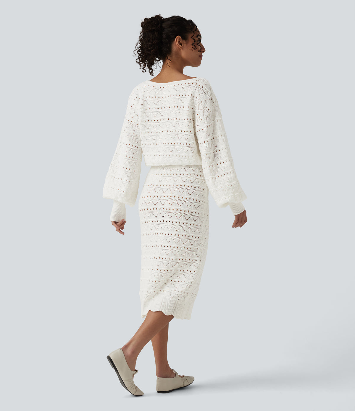 Boat Neck Long Sleeve Midi Casual Jumper Dress — White — view 2