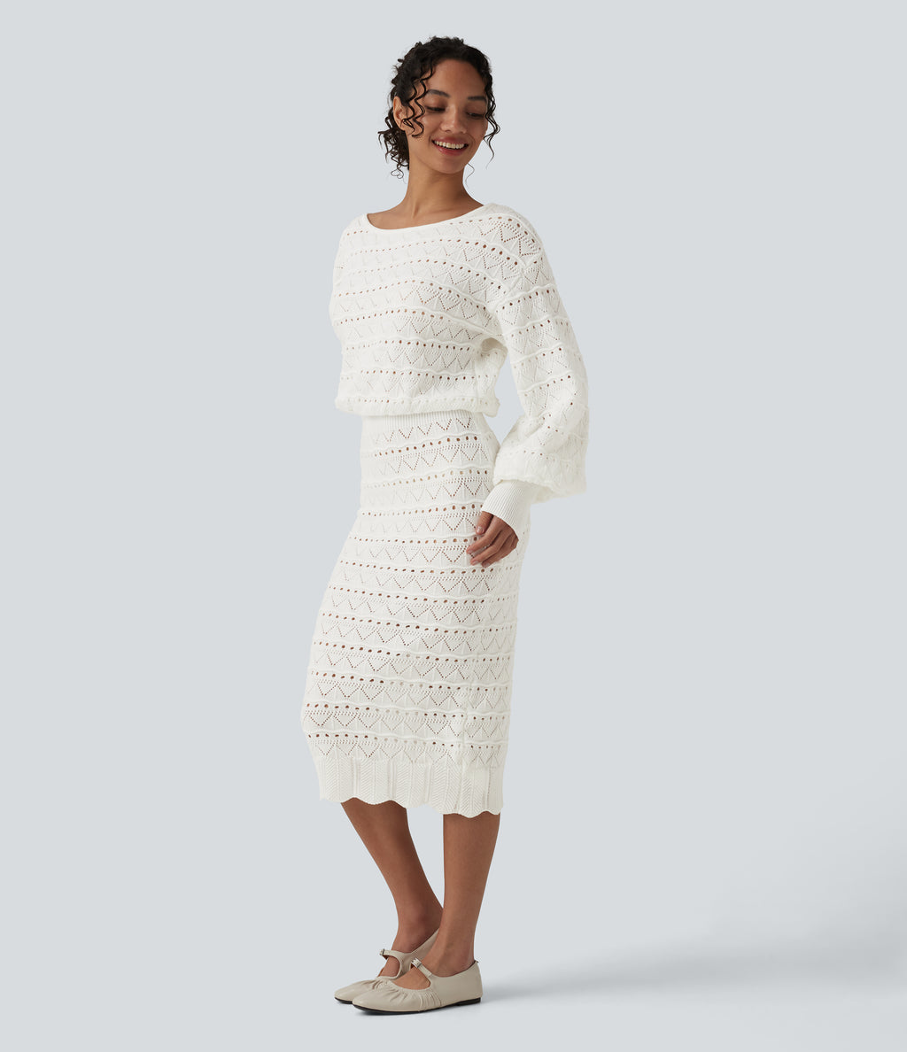 Boat Neck Long Sleeve Midi Casual Jumper Dress — White — view 3