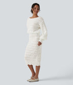 Boat Neck Long Sleeve Midi Casual Jumper Dress — White — view 3