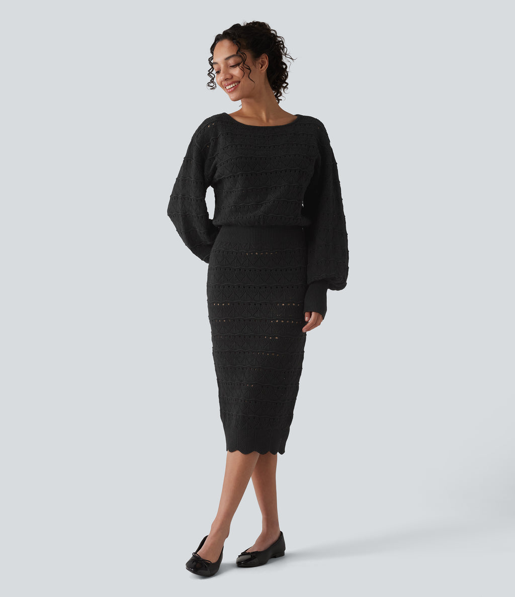 Boat Neck Long Sleeve Midi Casual Jumper Dress — Black — view 6