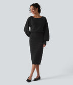 Boat Neck Long Sleeve Midi Casual Jumper Dress — Black — view 6
