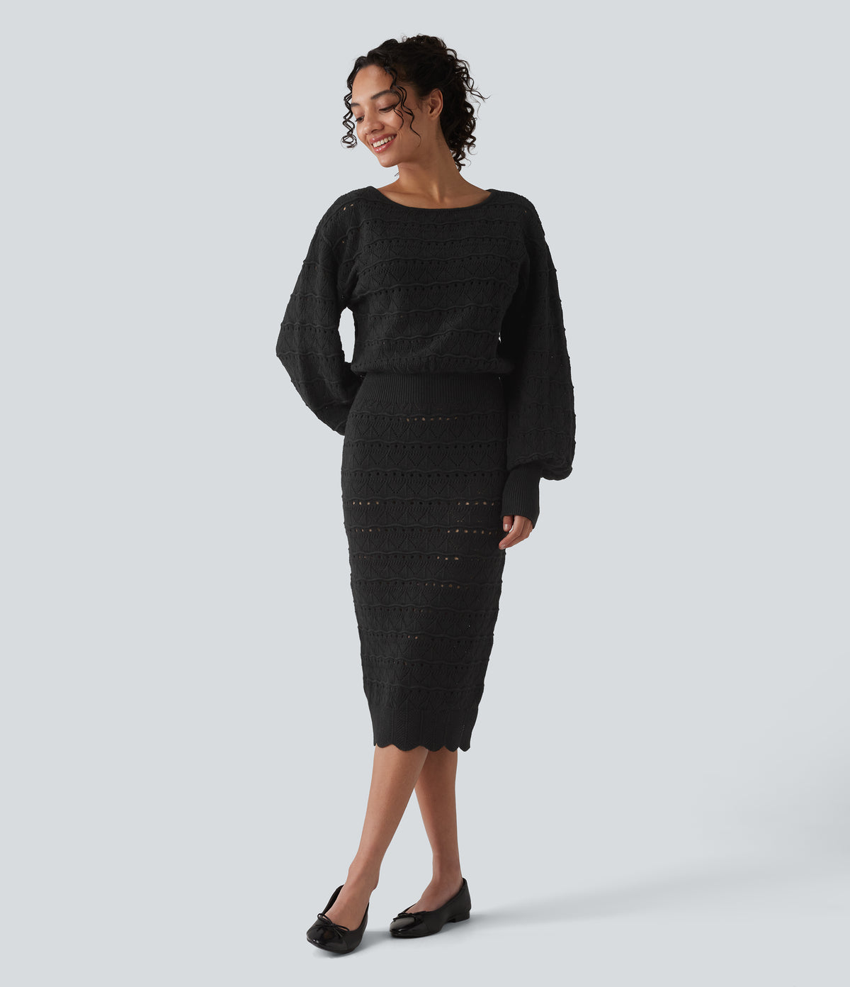 Boat Neck Long Sleeve Midi Casual Jumper Dress — Black — view 6