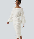 Boat Neck Long Sleeve Midi Casual Jumper Dress — White — view 4