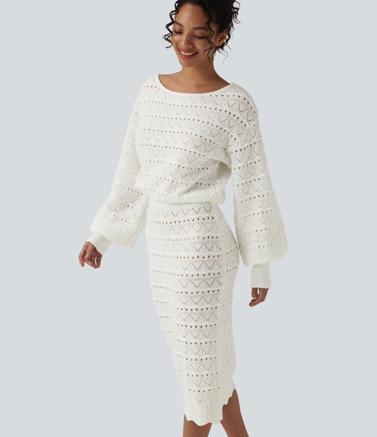 Boat Neck Long Sleeve Midi Casual Jumper Dress — White — view 4