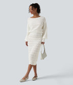 Boat Neck Long Sleeve Midi Casual Jumper Dress — White — view 5