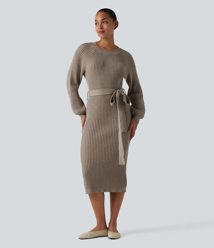 Round Neck Long Sleeve Belted Midi Casual Jumper Dress — Mocha Meringue — view 1