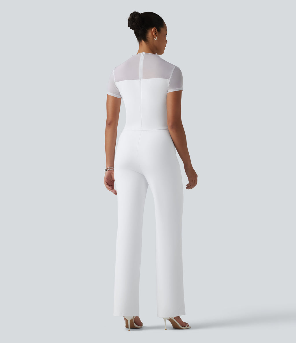 Round Neck Short Sleeve Contrast Mesh Jumpsuit-Edition — White — view 2