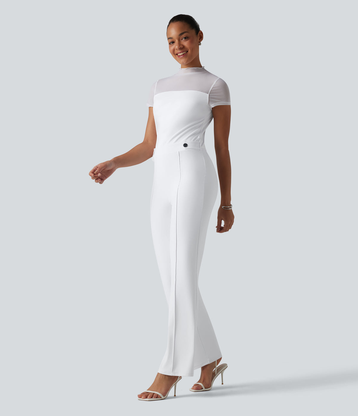 Round Neck Short Sleeve Contrast Mesh Jumpsuit-Edition — White — view 3