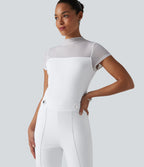 Round Neck Short Sleeve Contrast Mesh Jumpsuit-Edition — White — view 6