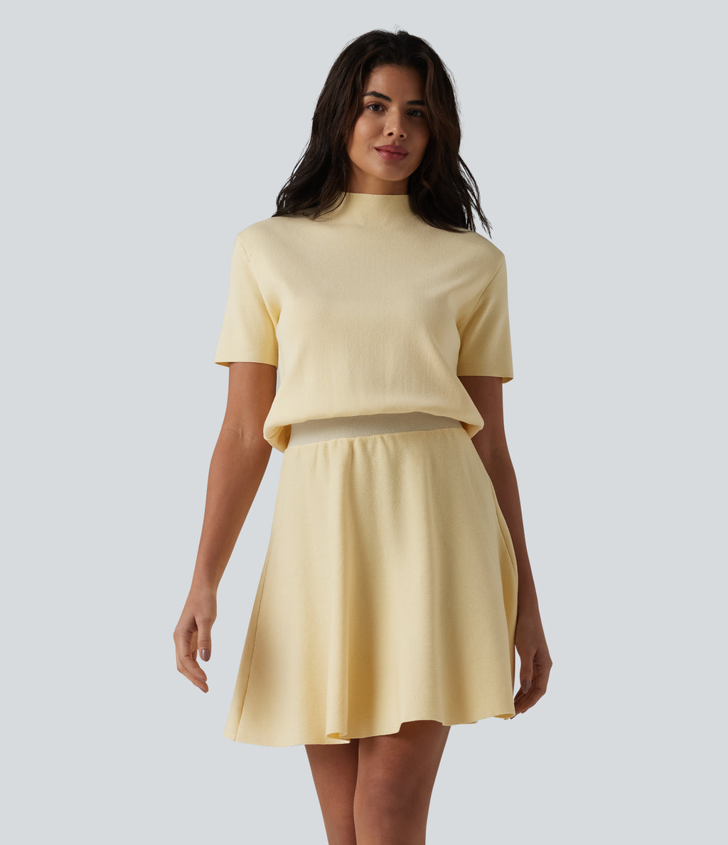 Mock-neck Short Sleeve A-line Mini Casual Jumper Dress — Rutabaga — view 1