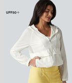 Hooded Long Sleeve Contrast Mesh Running Jacket with Pockets-UPF50+ — Coconut White — view 1