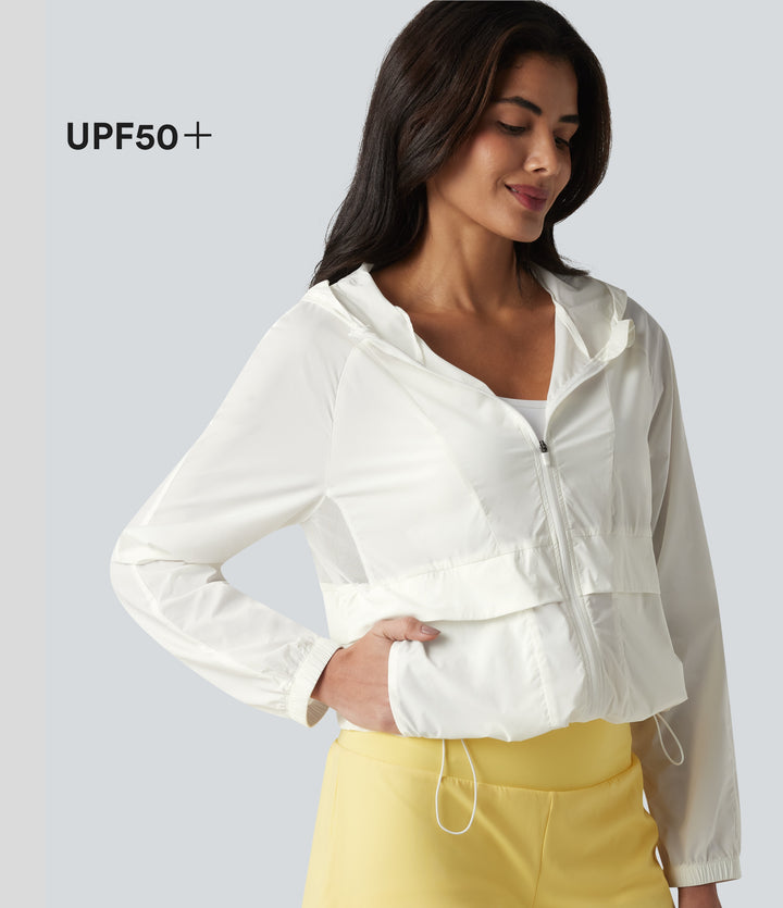 Hooded Long Sleeve Contrast Mesh Running Jacket with Pockets-UPF50+ — Coconut White — view 1
