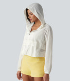 Hooded Long Sleeve Contrast Mesh Running Jacket with Pockets-UPF50+ — Coconut White — view 6