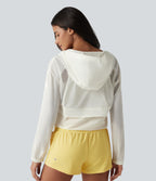 Hooded Long Sleeve Contrast Mesh Running Jacket with Pockets-UPF50+ — Coconut White — view 2